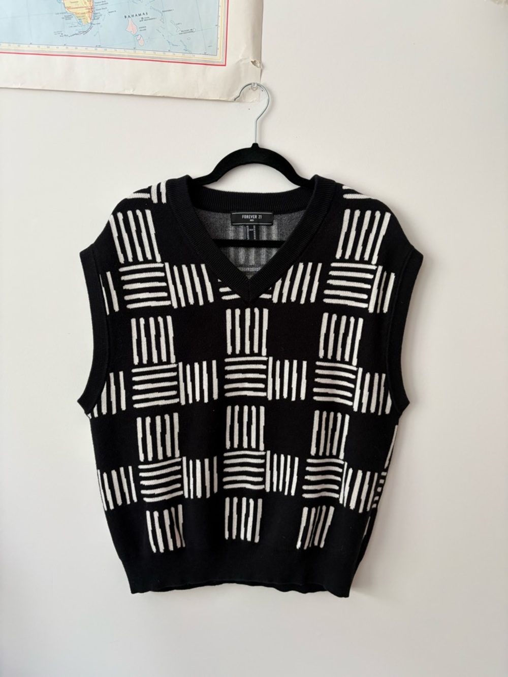 Black & White Patterned V-Neck Sweater Vest